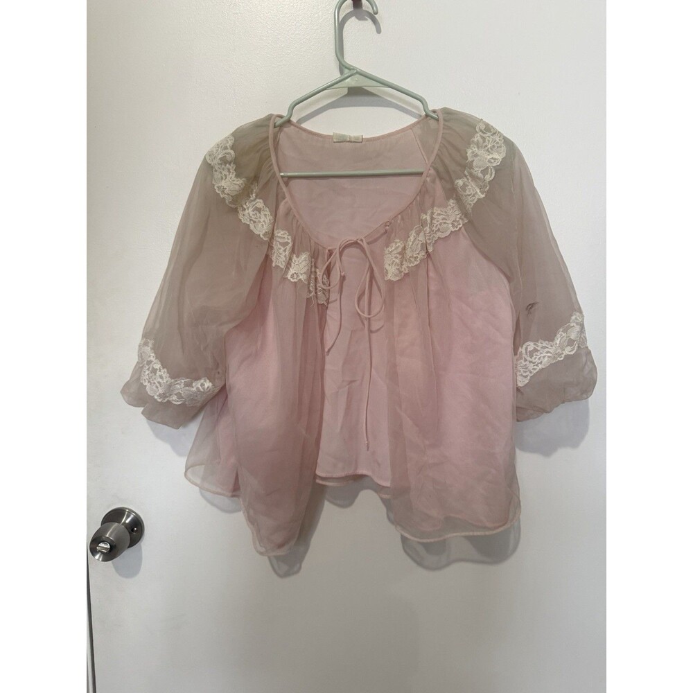 60s VTG Miss Siren Pink Sheer Lace Peignoir Robe Womens Size M Bed Jacket Small